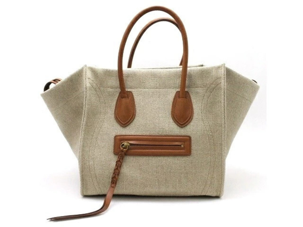 Celine Luggage Tote Phantom Tote Bag Canvas Calfskin Beige Cream Brown
